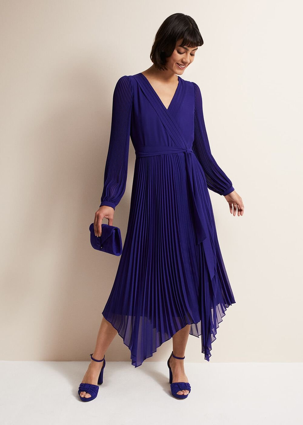 Cobalt Blue Long Sleeve Pleated Midi Wrap Dress - Cobalt