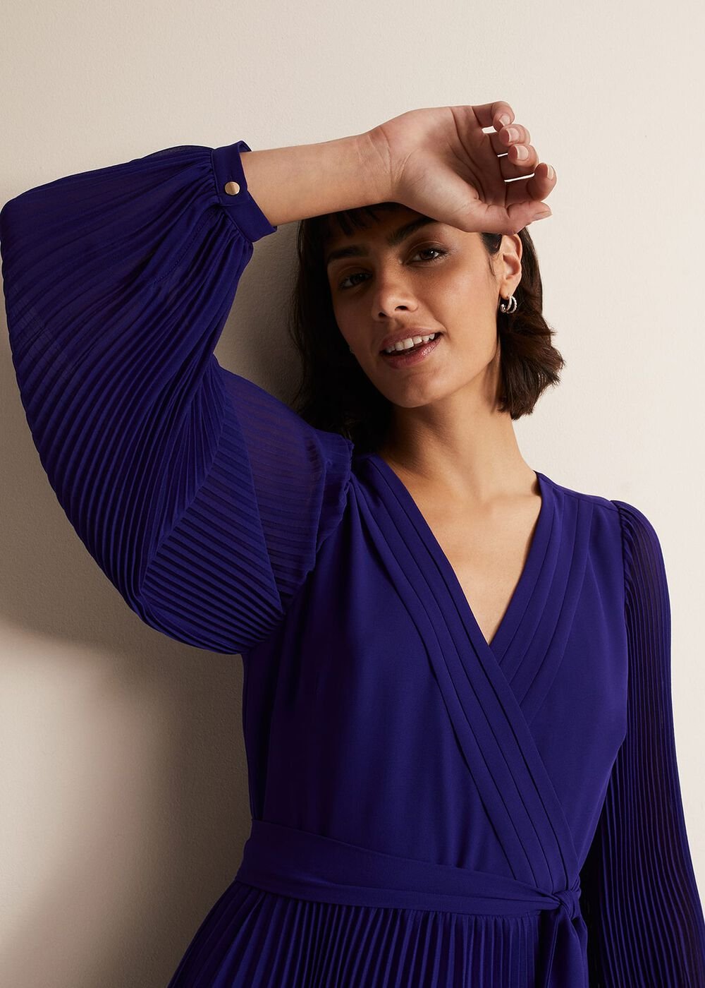 Cobalt Blue Long Sleeve Pleated Midi Wrap Dress - Cobalt