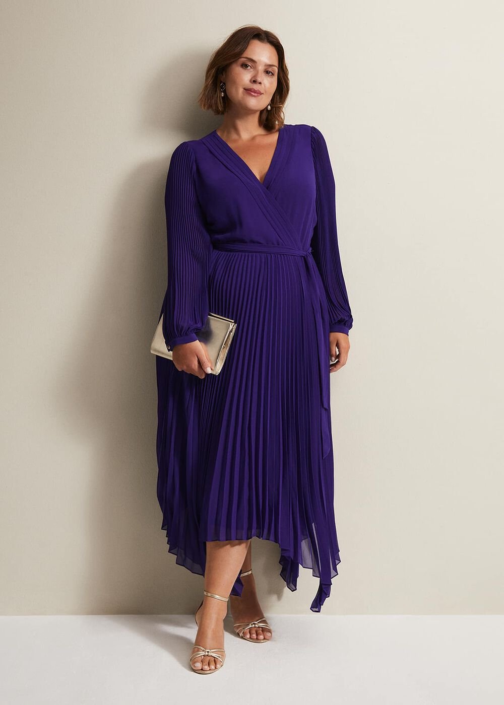 Cobalt Blue Long Sleeve Pleated Midi Wrap Dress - Cobalt