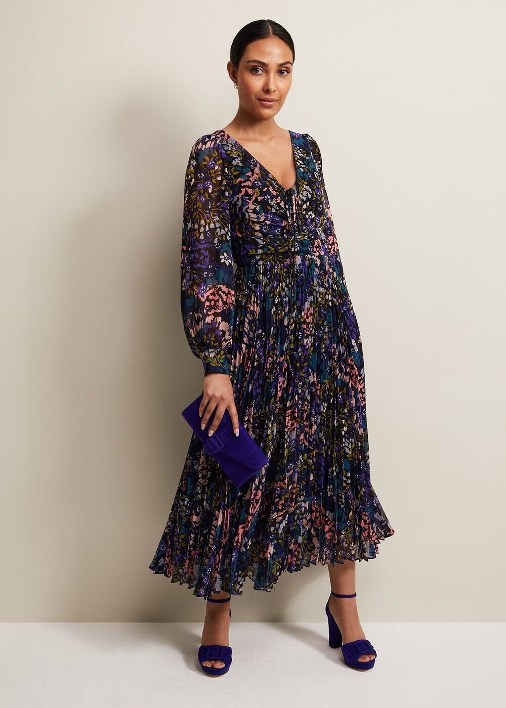 Petite Navy Multicoloured Floral Pleated Midi Dress - Multi-Coloured
