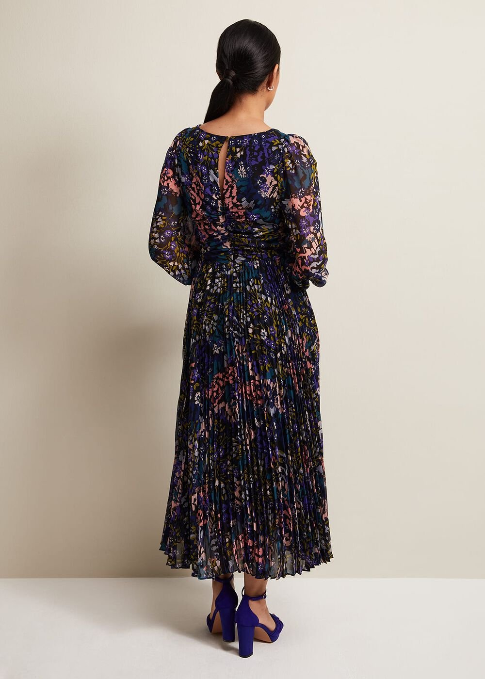 Petite Navy Multicoloured Floral Pleated Midi Dress - Multi-Coloured
