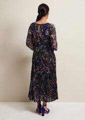 Petite Navy Multicoloured Floral Pleated Midi Dress - Multi-Coloured