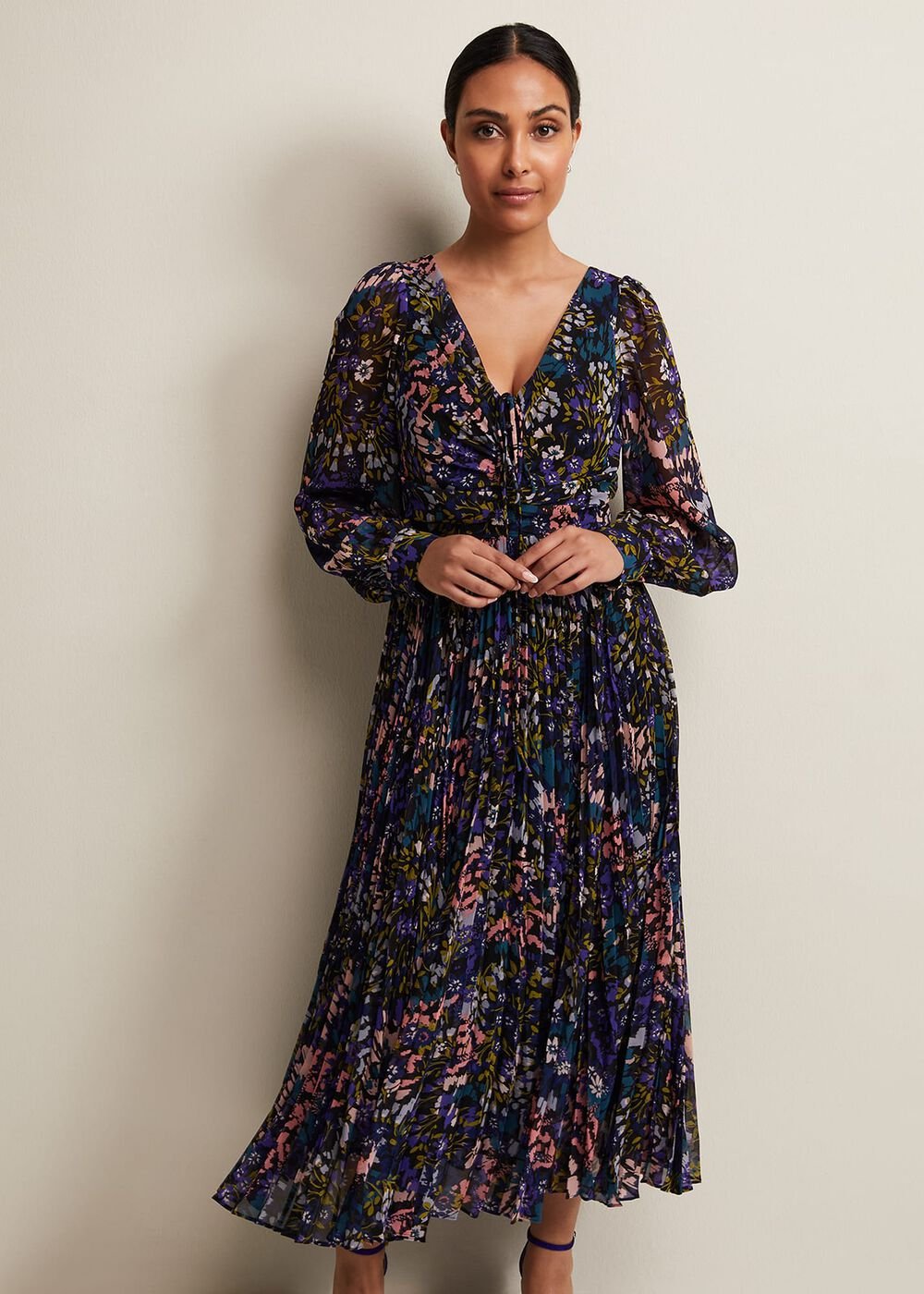 Petite Navy Multicoloured Floral Pleated Midi Dress - Multi-Coloured