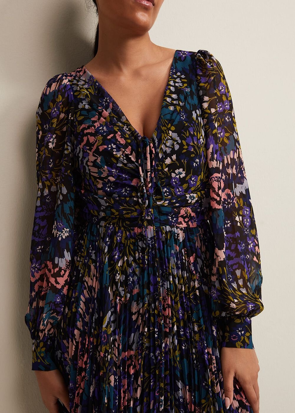 Petite Navy Multicoloured Floral Pleated Midi Dress - Multi-Coloured