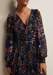 Petite Navy Multicoloured Floral Pleated Midi Dress - Multi-Coloured