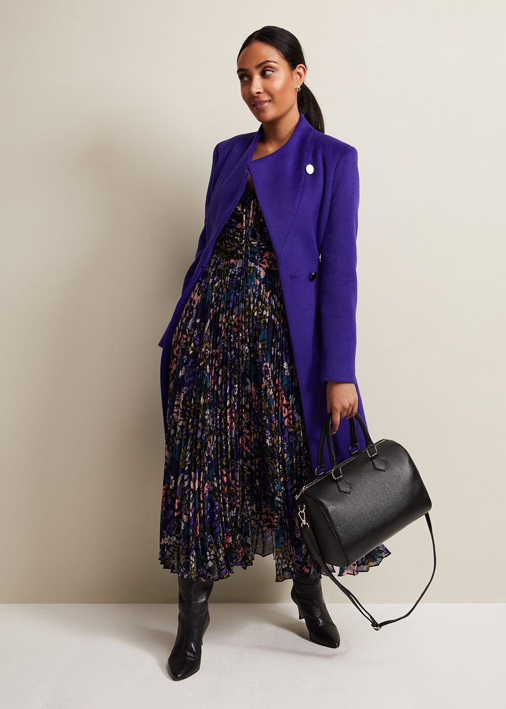 Petite Navy Multicoloured Floral Pleated Midi Dress - Multi-Coloured