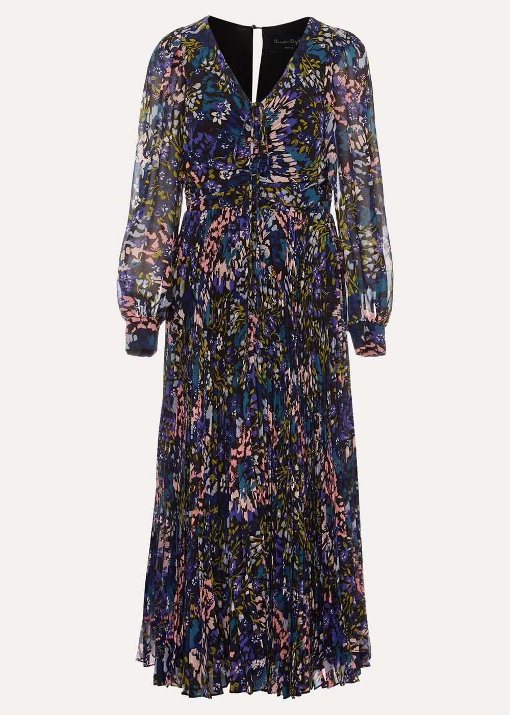 Petite Navy Multicoloured Floral Pleated Midi Dress - Multi-Coloured