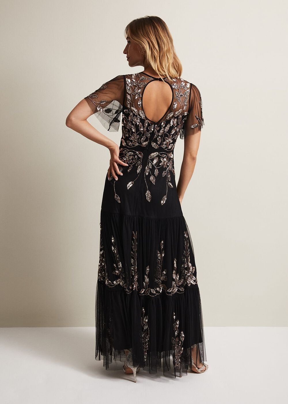 Hilary Beaded Tiered Maxi Dress - Black