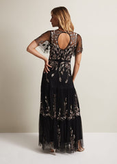 Hilary Beaded Tiered Maxi Dress - Black