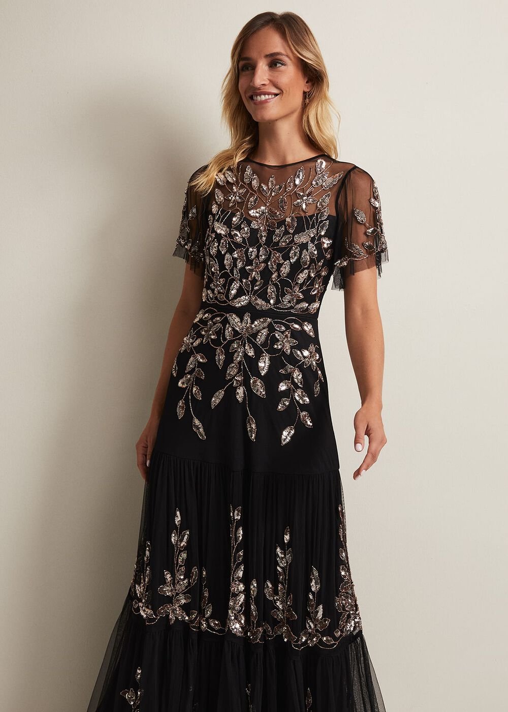 Hilary Beaded Tiered Maxi Dress - Black