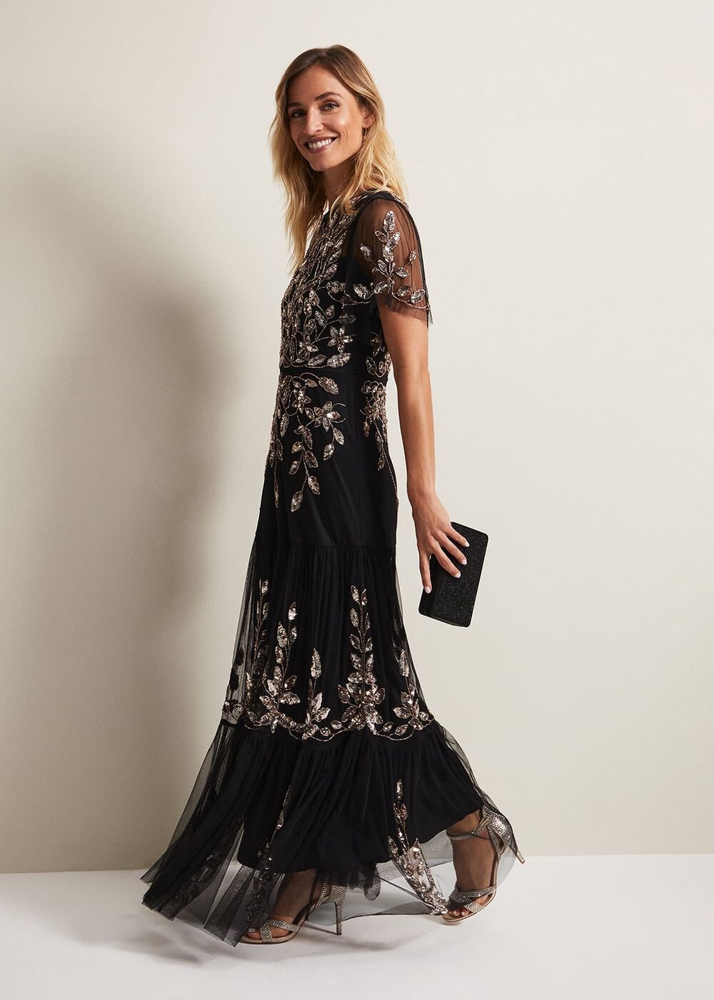 Hilary Beaded Tiered Maxi Dress - Black