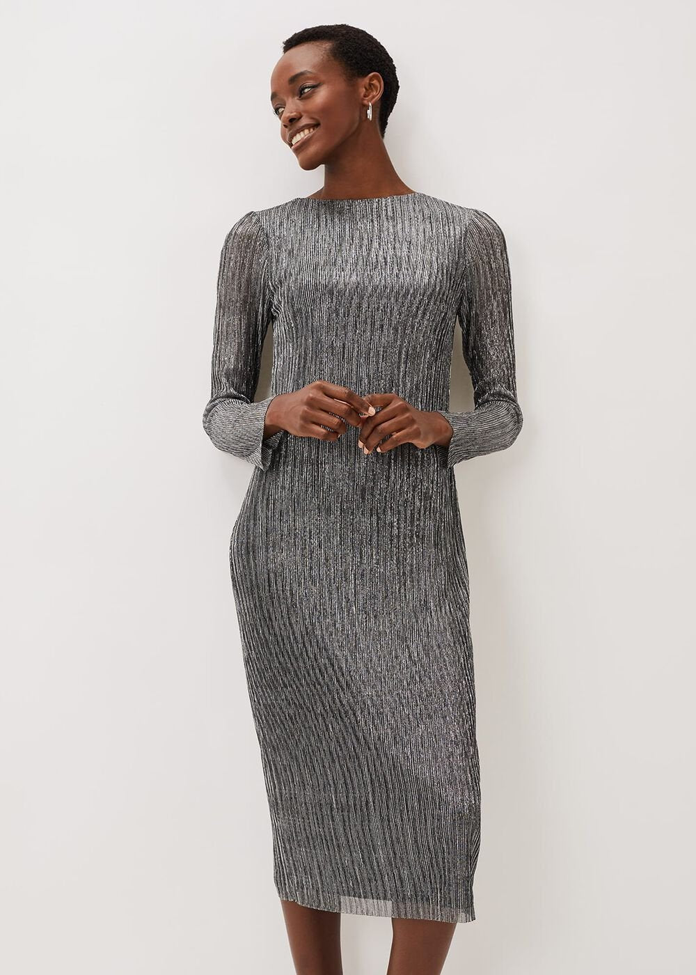 Alix Silver Plisse Midi Dress - Silver