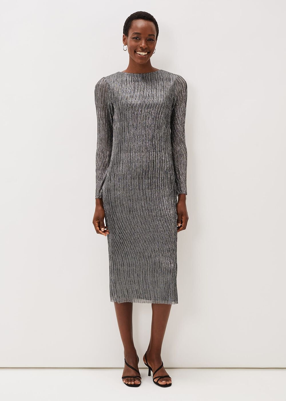 Alix Silver Plisse Midi Dress - Silver