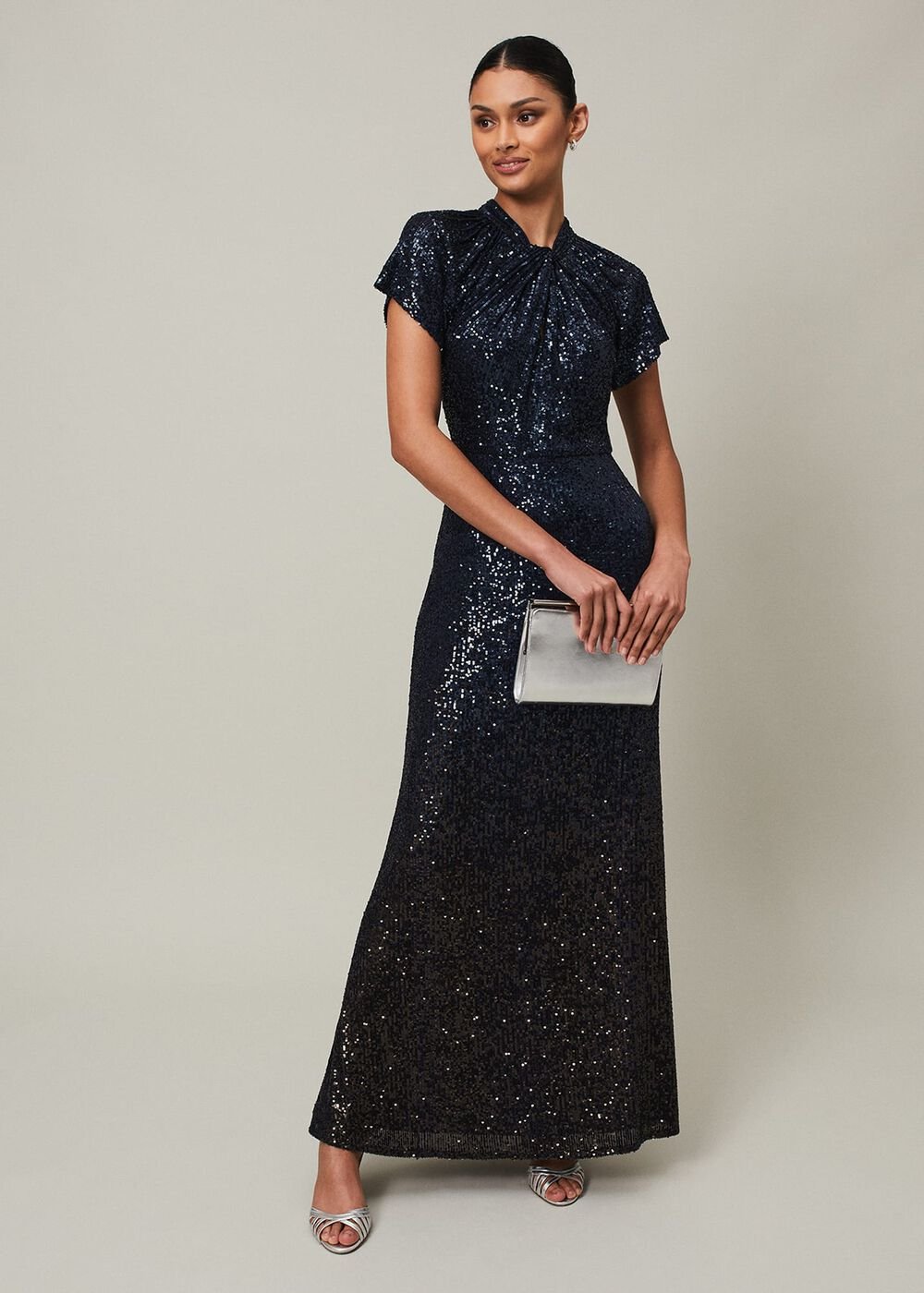 Navy Blue Ombre Sequin Maxi Dress Twisted Neckline - Navy