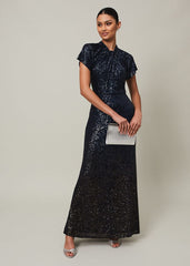 Navy Blue Ombre Sequin Maxi Dress Twisted Neckline - Navy