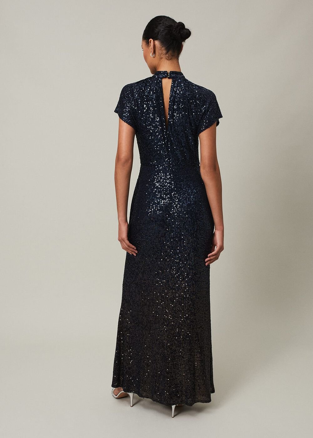 Navy Blue Ombre Sequin Maxi Dress Twisted Neckline - Navy