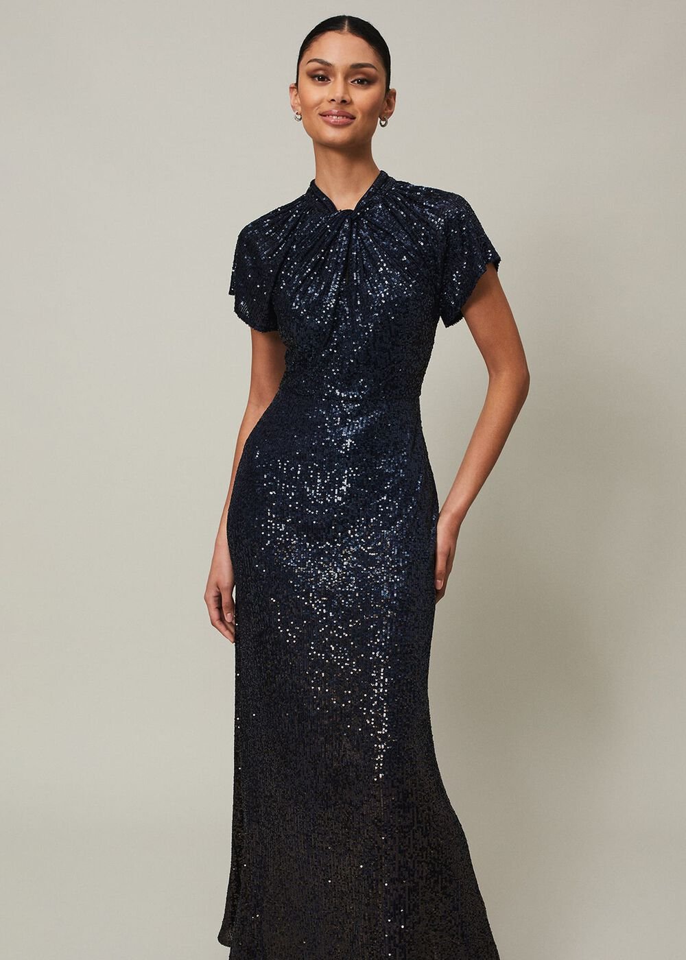 Navy Blue Ombre Sequin Maxi Dress Twisted Neckline - Navy