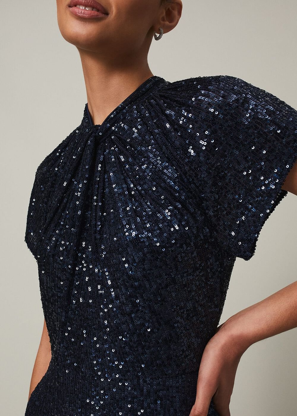 Navy Blue Ombre Sequin Maxi Dress Twisted Neckline - Navy