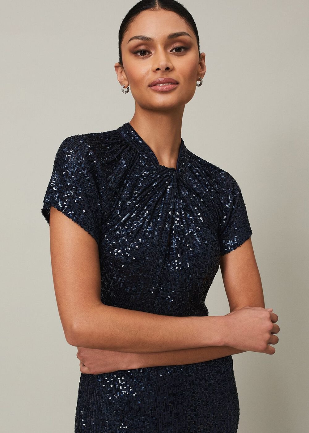 Navy Blue Ombre Sequin Maxi Dress Twisted Neckline - Navy