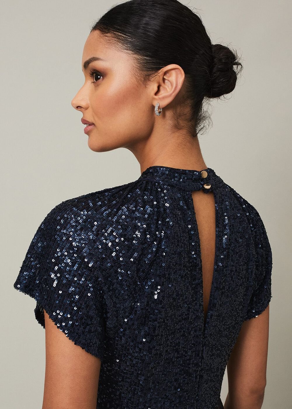 Navy Blue Ombre Sequin Maxi Dress Twisted Neckline - Navy