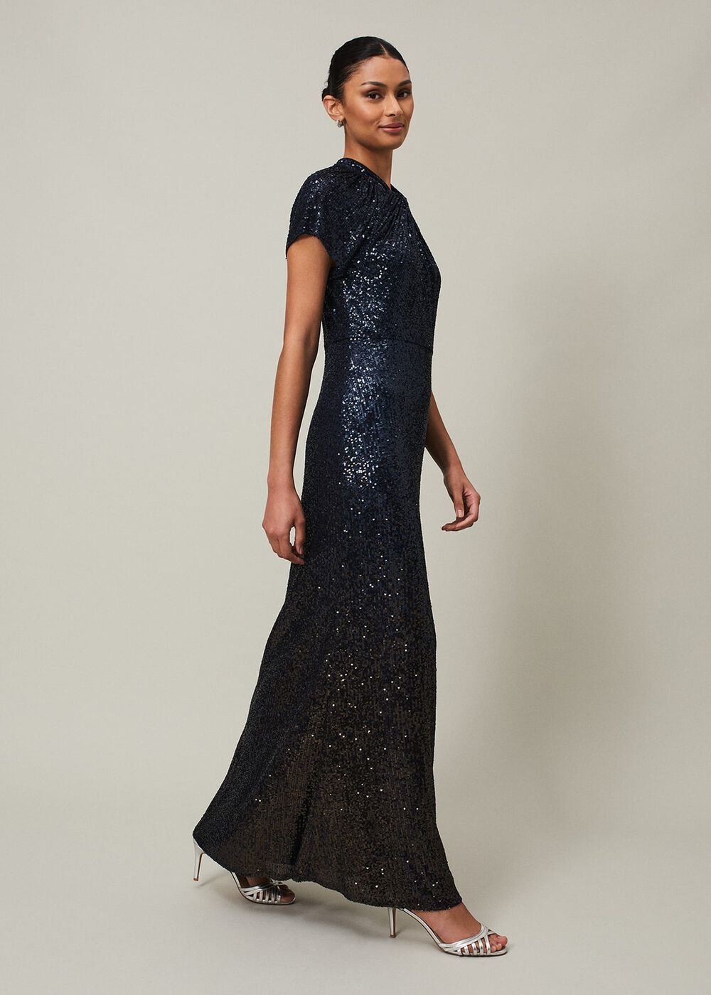 Navy Blue Ombre Sequin Maxi Dress Twisted Neckline - Navy