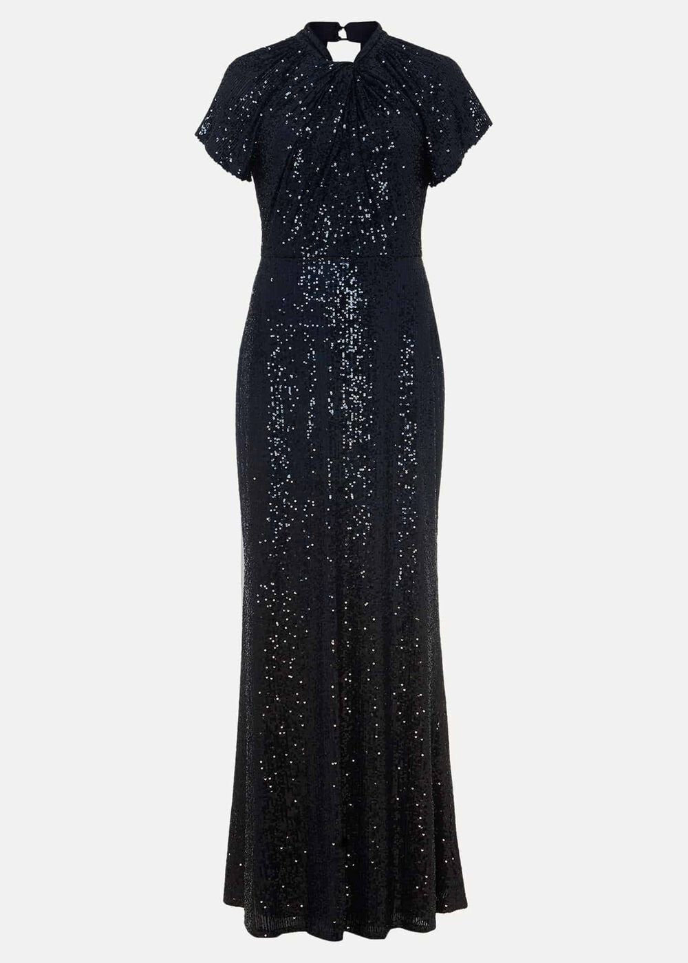 Navy Blue Ombre Sequin Maxi Dress Twisted Neckline - Navy