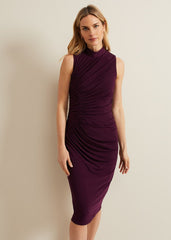 Stefania Burgundy Ruched Midi Dress - Burgundy