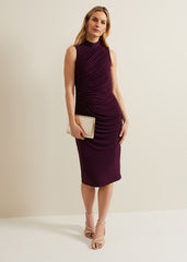 Stefania Burgundy Ruched Midi Dress - Burgundy