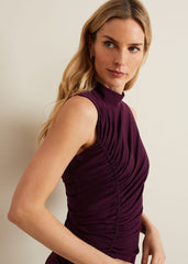 Stefania Burgundy Ruched Midi Dress - Burgundy