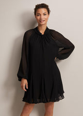 Black Swing Mini Dress With Twisted Neckline - Black