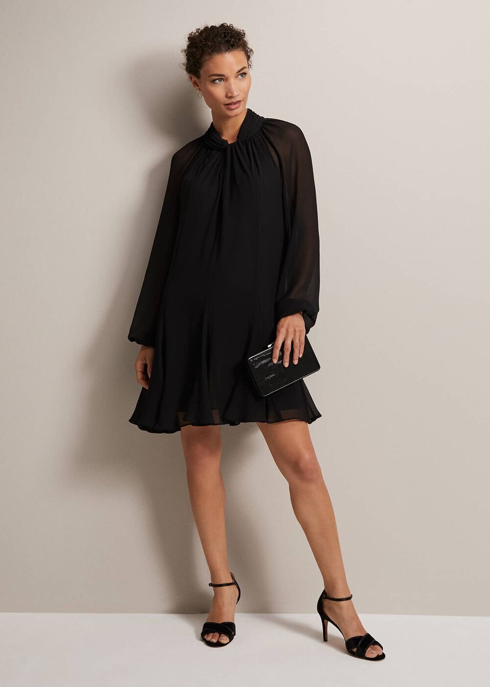 Black Swing Mini Dress With Twisted Neckline - Black