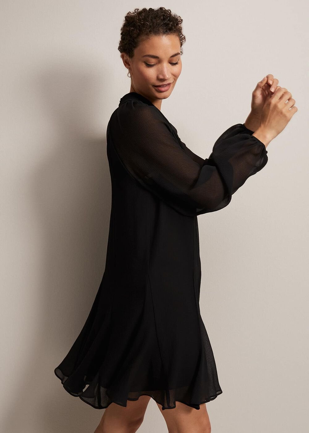 Black Swing Mini Dress With Twisted Neckline - Black