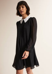 Black Swing Mini Dress with White Embroidered Collar - Black/Ivory