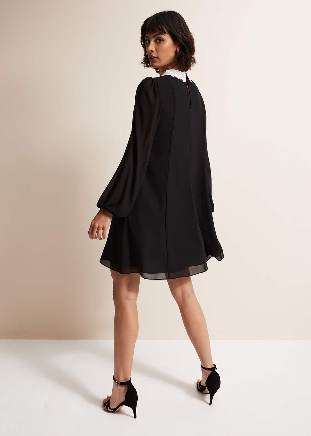 Black Swing Mini Dress with White Embroidered Collar - Black/Ivory