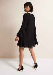 Black Swing Mini Dress with White Embroidered Collar - Black/Ivory