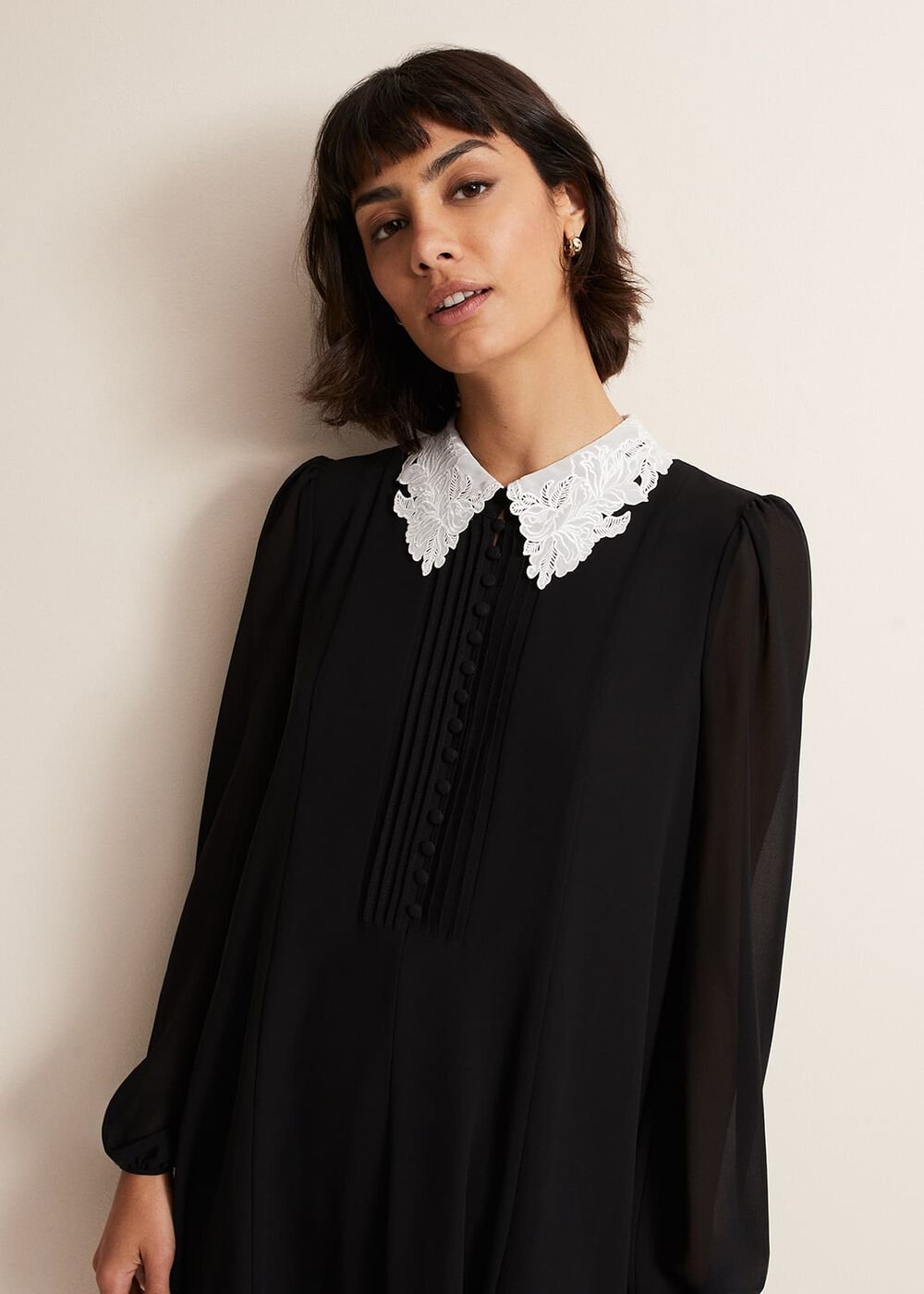 Black Swing Mini Dress with White Embroidered Collar - Black/Ivory