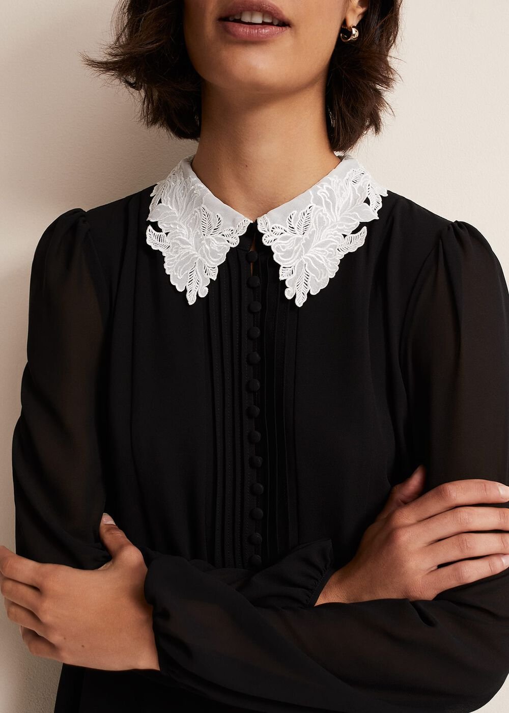 Black Swing Mini Dress with White Embroidered Collar - Black/Ivory