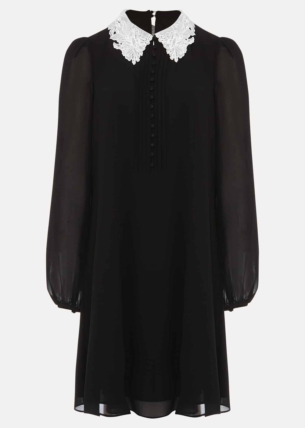 Black Swing Mini Dress with White Embroidered Collar - Black/Ivory