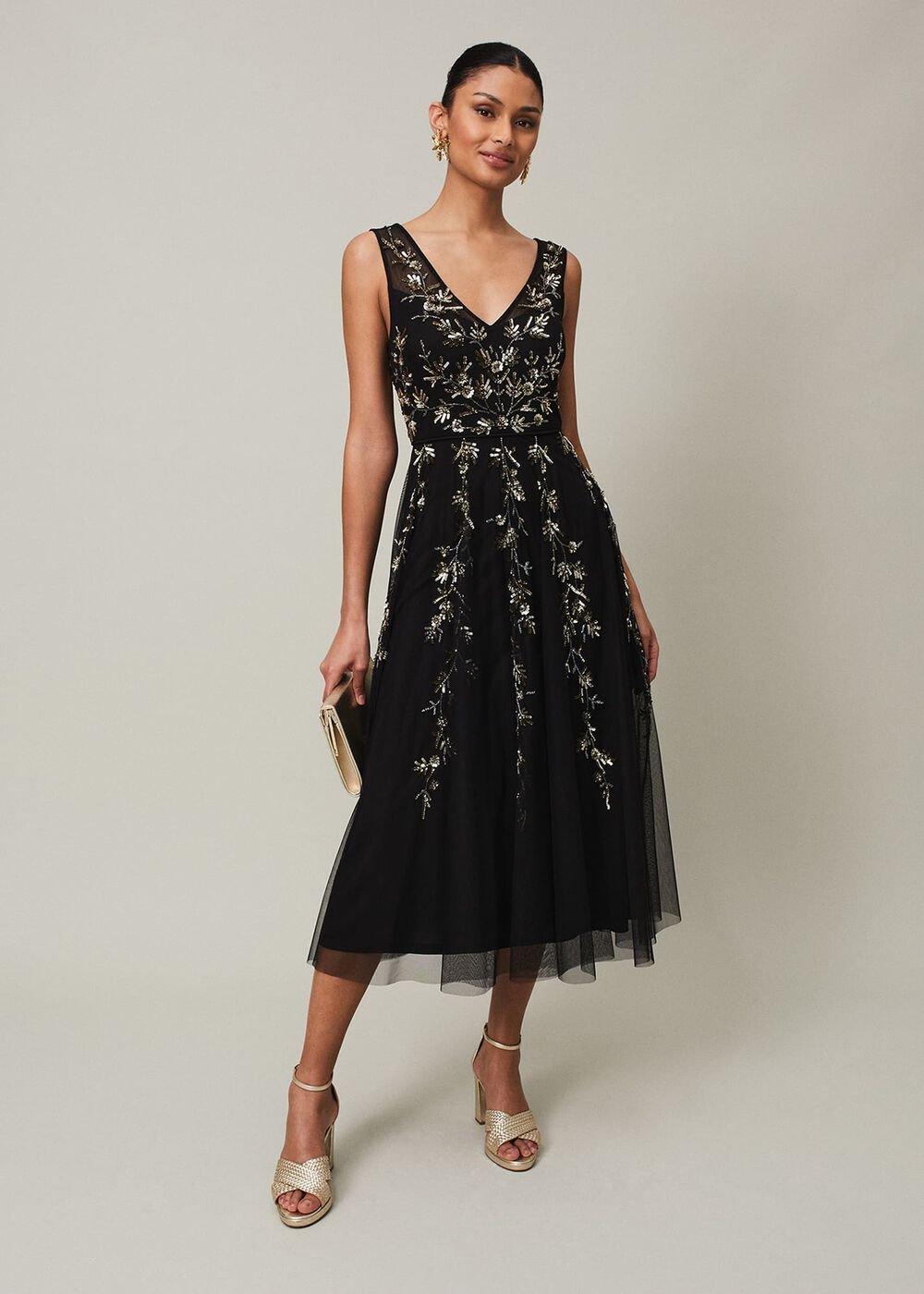 Marissa Floral Embellished Midi Dress - Black