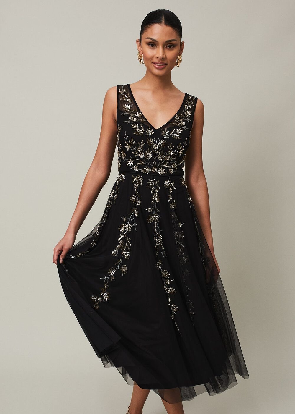 Marissa Floral Embellished Midi Dress - Black