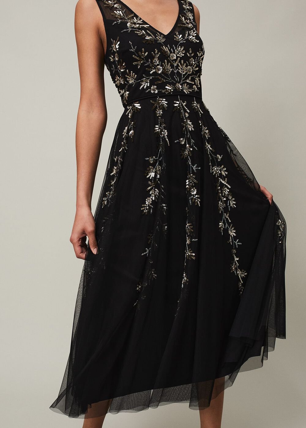 Marissa Floral Embellished Midi Dress - Black