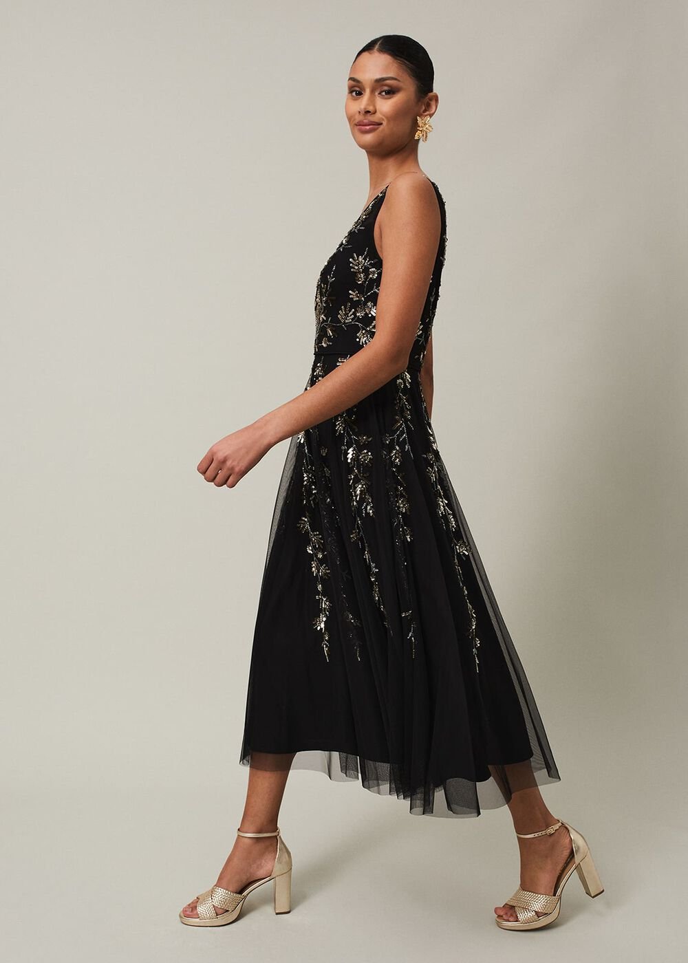 Marissa Floral Embellished Midi Dress - Black
