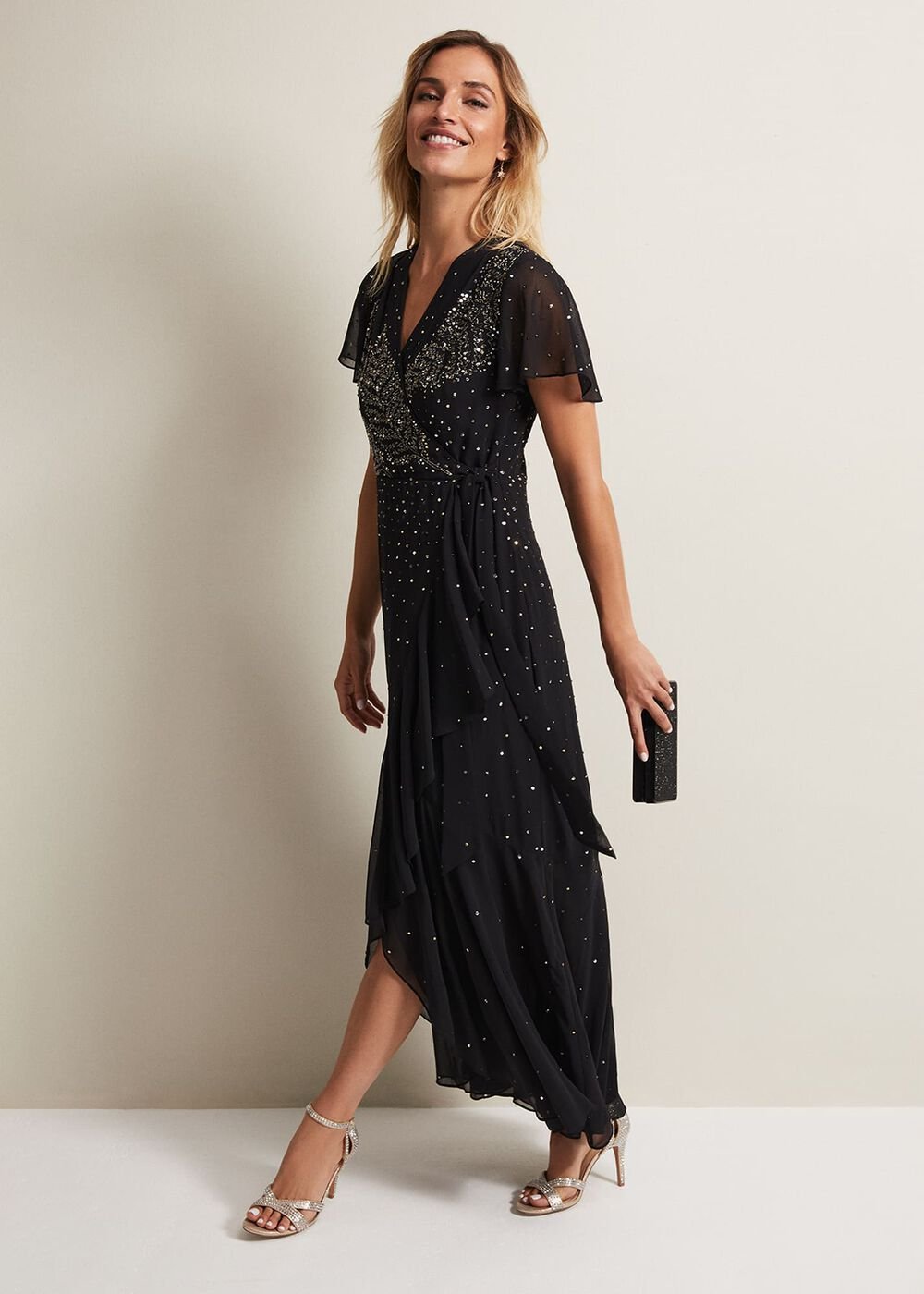 Black Maxi Dress with Wrap Bodice & Bead Embellishments - Black
