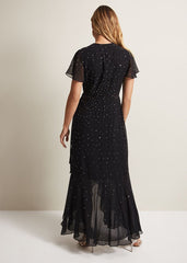 Black Maxi Dress with Wrap Bodice & Bead Embellishments - Black