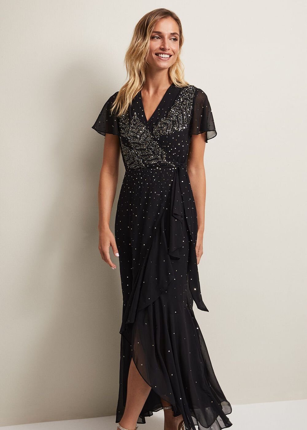 Black Maxi Dress with Wrap Bodice & Bead Embellishments - Black