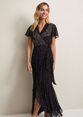 Black Maxi Dress with Wrap Bodice & Bead Embellishments - Black