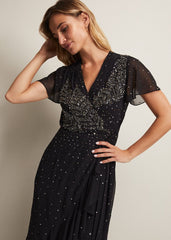 Black Maxi Dress with Wrap Bodice & Bead Embellishments - Black