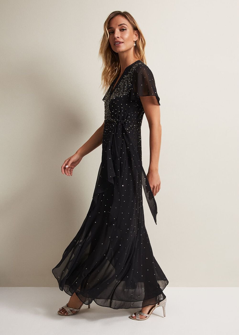 Black Maxi Dress with Wrap Bodice & Bead Embellishments - Black