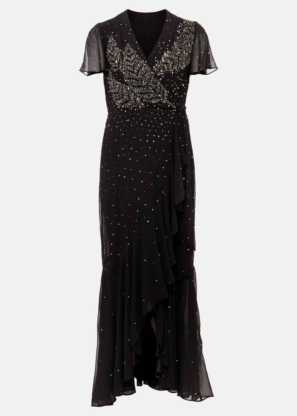Black Maxi Dress with Wrap Bodice & Bead Embellishments - Black