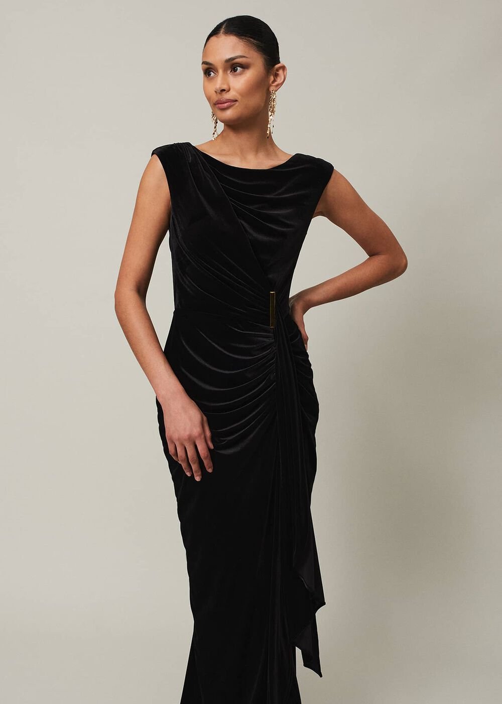 Black Velvet Sleeveless Wrap Maxi Dress - Black